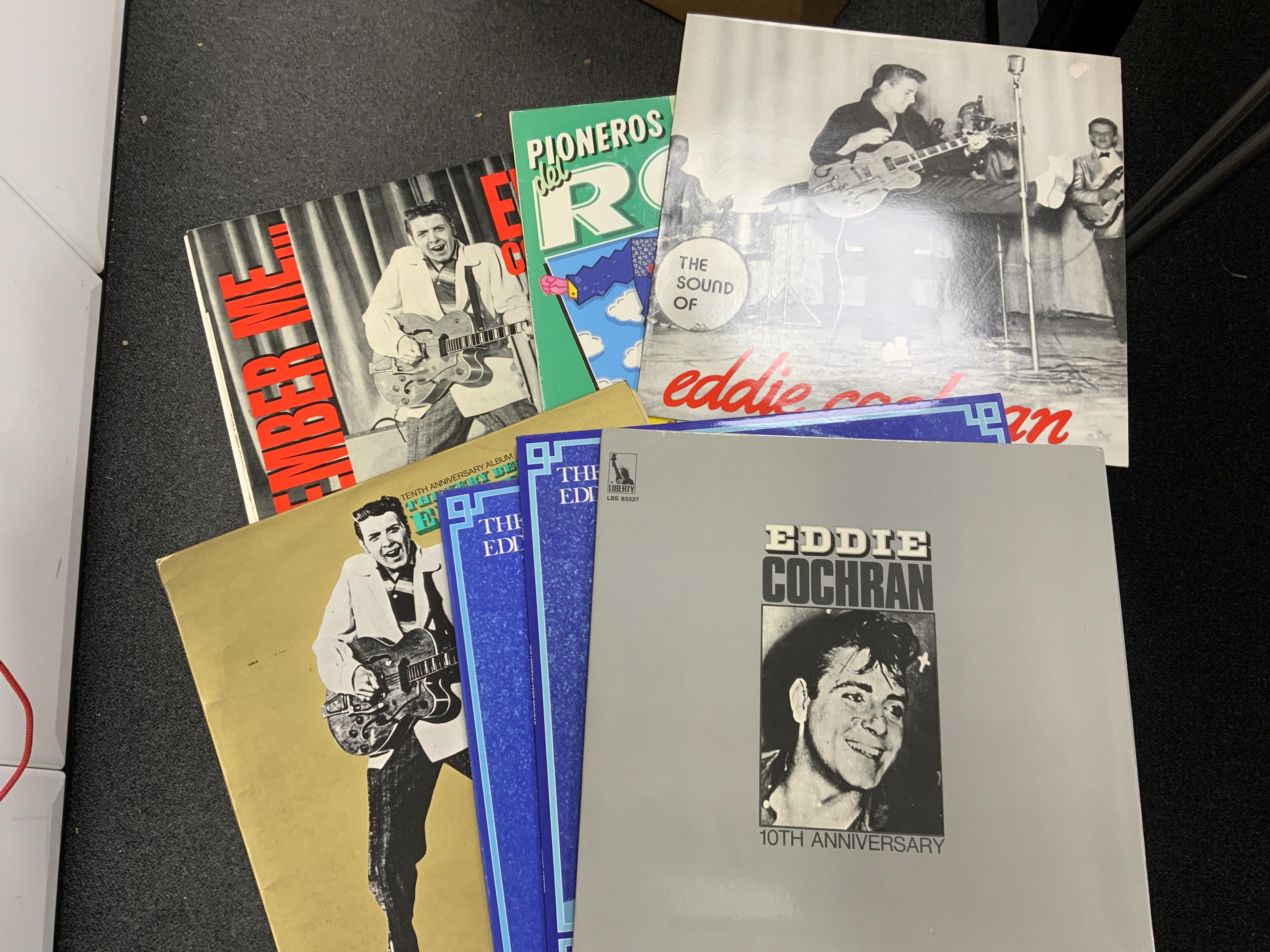 Ninety-six Eddie Cochran LP record albums, including some later pressings of early albums on Liberty labels etc.; 20th anniversary box set, 15th anniversary album, On the Air, My Way, Cherished Memories, the Eddie Cochra